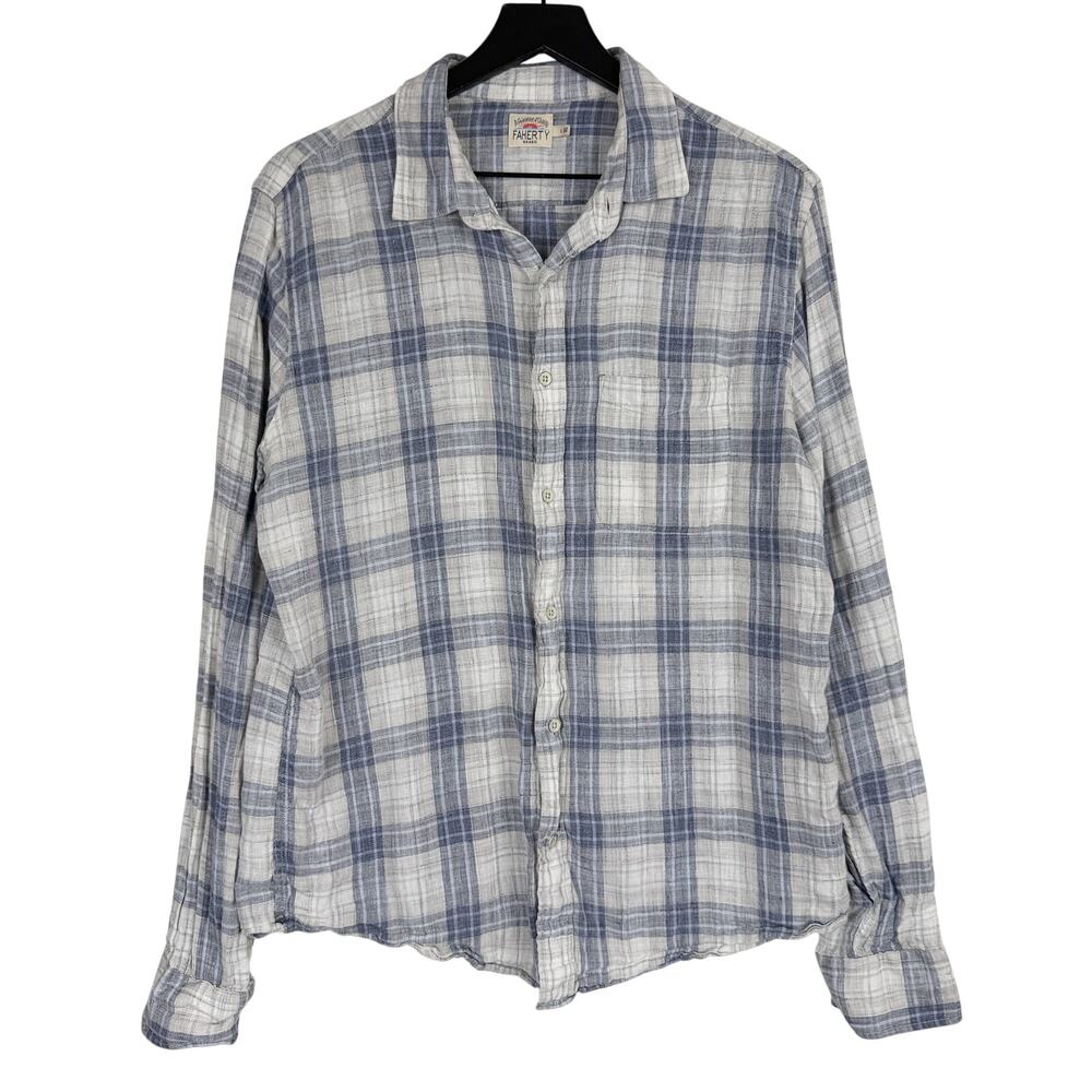 Faherty Men's Laguna 100% Linen Shirt Button Up $168 Blue Gray Plaid - L